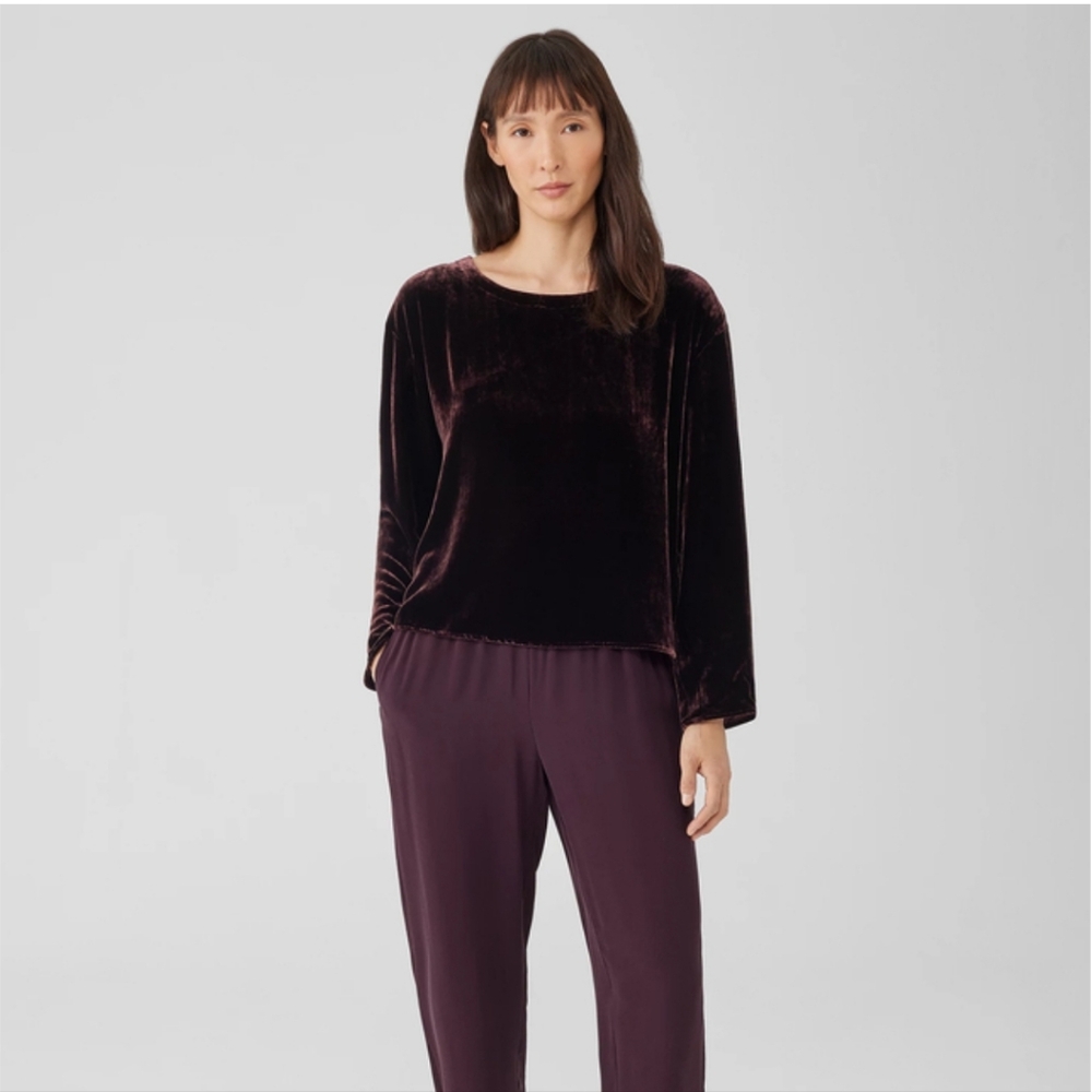 Like New. Eileen Fisher Silk Velvet Top in Rich Burgundy Purple Small